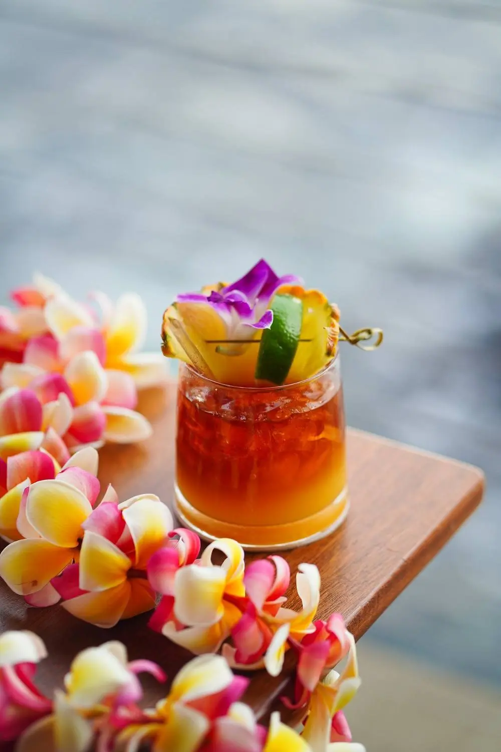 Mai Tai with a lei at Huggo's on the Kona coast